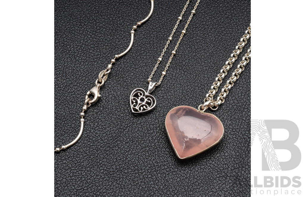 Sterling Silver Rose Quartz Heart Pendant on Belcher Link Necklace, with (2) Other Pretty SS Necklaces, 27.19 Grams