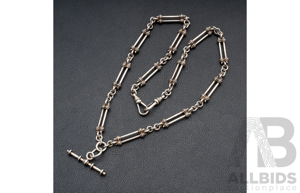 Sterling Silver Vintage Gate Link Fob Chain Necklace with Double Albert Swivel Clasps & T-Bar Pendant, 50cm, 35.77 Grams