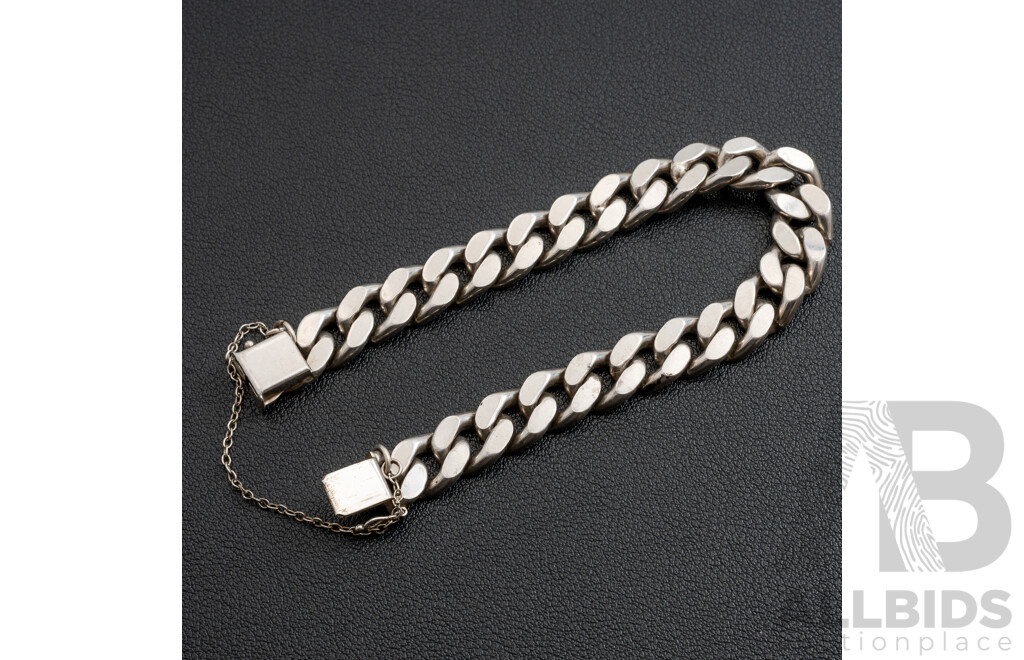 Sterling Silver Solid Flat Curb Link Bracelet, 21cm, with Safety Chain, 49.76 Grams