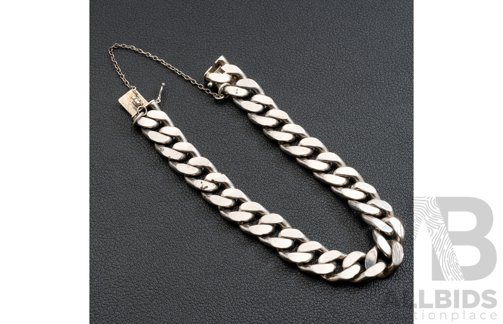 Sterling Silver Solid Flat Curb Link Bracelet, 21cm, with Safety Chain, 49.76 Grams