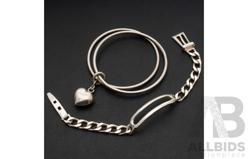 Sterling Silver (2) Stacking Bangles Joined with Heart Charm & Sterling Silver Unique Buckle Bracleet, 37.64 Grams