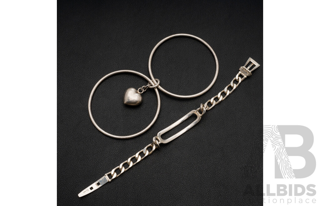 Sterling Silver (2) Stacking Bangles Joined with Heart Charm & Sterling Silver Unique Buckle Bracleet, 37.64 Grams