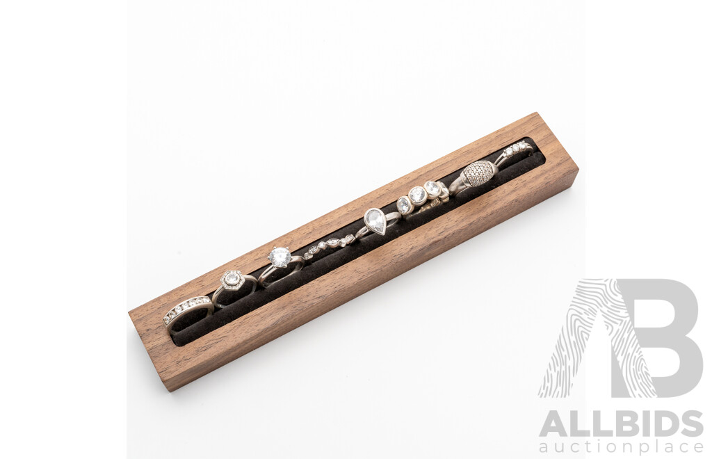 Collection of (8) Sterling Silver Cubic Zirconia Travel Rings, Sizes L-P, 28.45 Grams