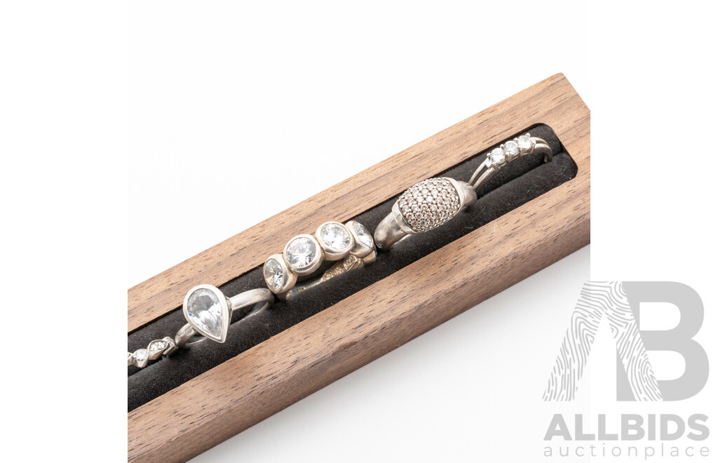 Collection of (8) Sterling Silver Cubic Zirconia Travel Rings, Sizes L-P, 28.45 Grams