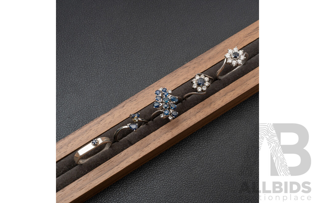 Vintage Sterling Silver (5) Natural Sapphire Rings, Sizes N-T, 12.84 Grams