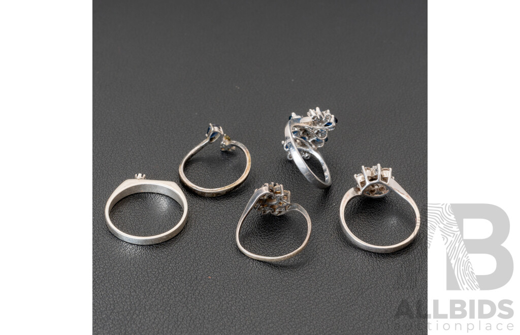 Vintage Sterling Silver (5) Natural Sapphire Rings, Sizes N-T, 12.84 Grams
