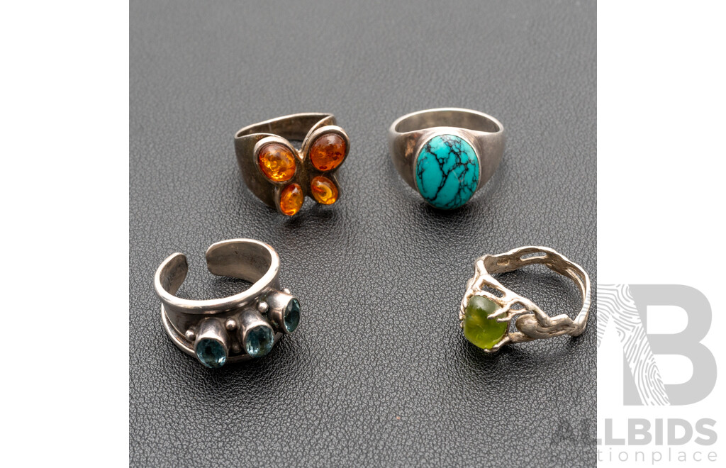 Vintage Sterling Silver Amber Butterfly Ring with Turquoise, Peridot & Topaz Rings, 25.24 Grams