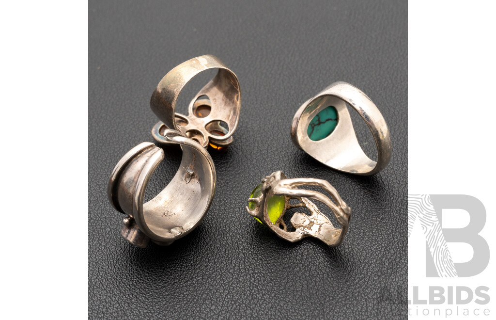 Vintage Sterling Silver Amber Butterfly Ring with Turquoise, Peridot & Topaz Rings, 25.24 Grams