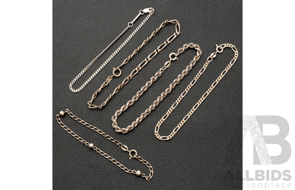 Sterling Silver Bracelets (5) Assorted Designs, 16.92 Grams
