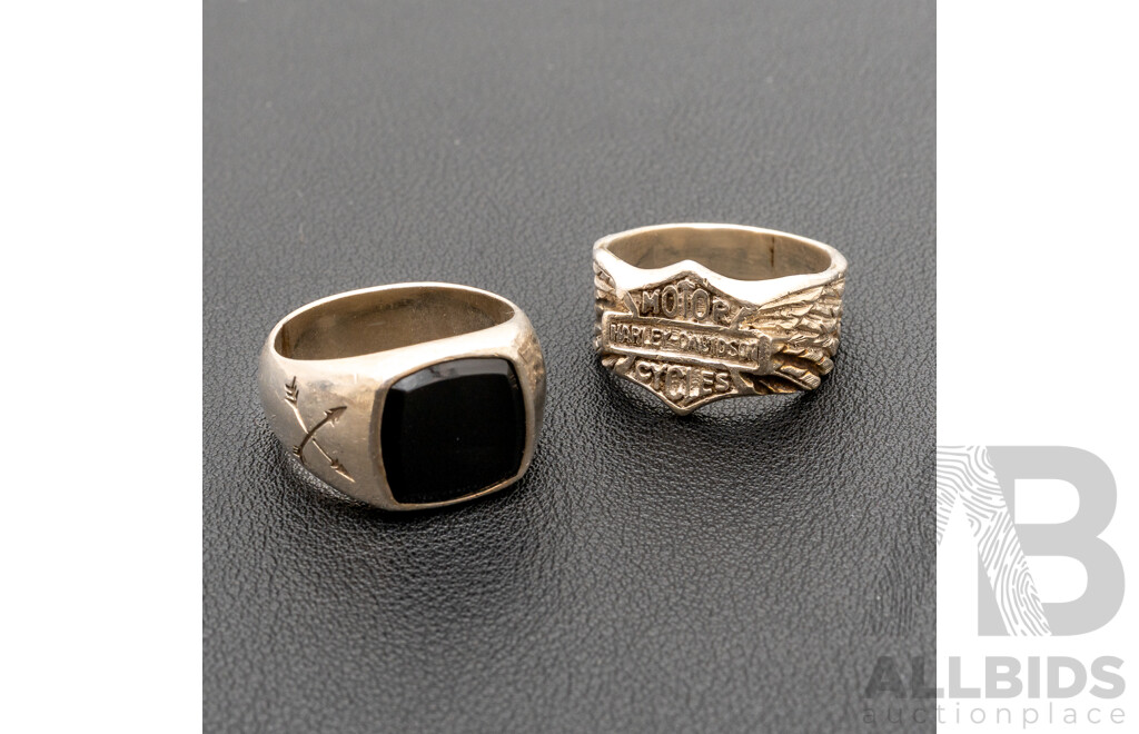 Sterling Silver Mens Harley Davidson Ring, Size U & Sterling Silver Onyx Ring Size W, 27.46 Grams