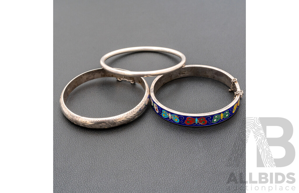 Sterling Silver Vintage Enamel Hinged Butterfly Bangle, Other Hinged Bangle and Golf Bangle, 42.46 Grams