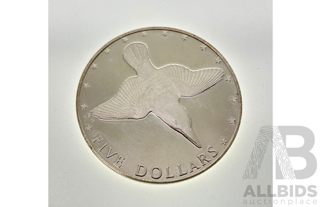 Cook Islands 1976 Silver Five Dollar Coin, Mangaia Kingfisher .500