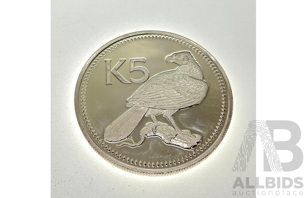 Papua New Guinea 1975 Silver Five Kina Coin, Coat of Arms of Papua New Guinea .500
