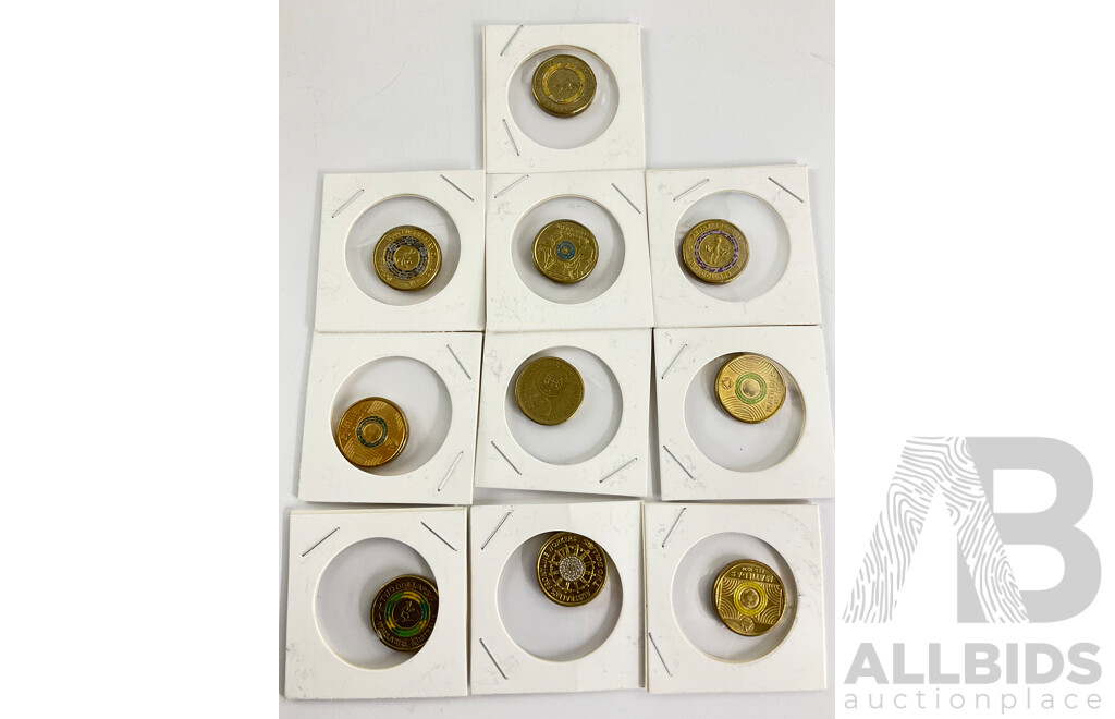 Ten Australian Commemorative Two Dollar Coins Including 2021 Ambulance, 2023 Matildas, 2019 Wallabies, 2016 Decimal Currency, 2021 Henry Octopus, Dorothy, 2022 Front Line Workers 2020 Passion