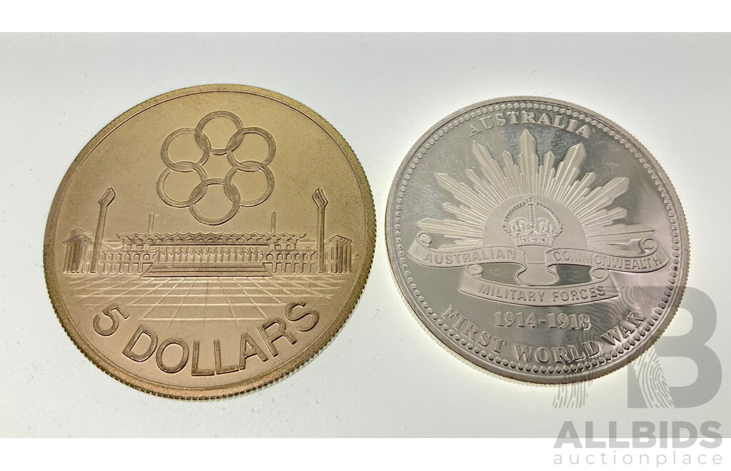 Singapore 1973 Silver Five Dollar Coin SEAP Games .500 and Australian Macquarie Mint Silver Gallipoli Landing Coin .333