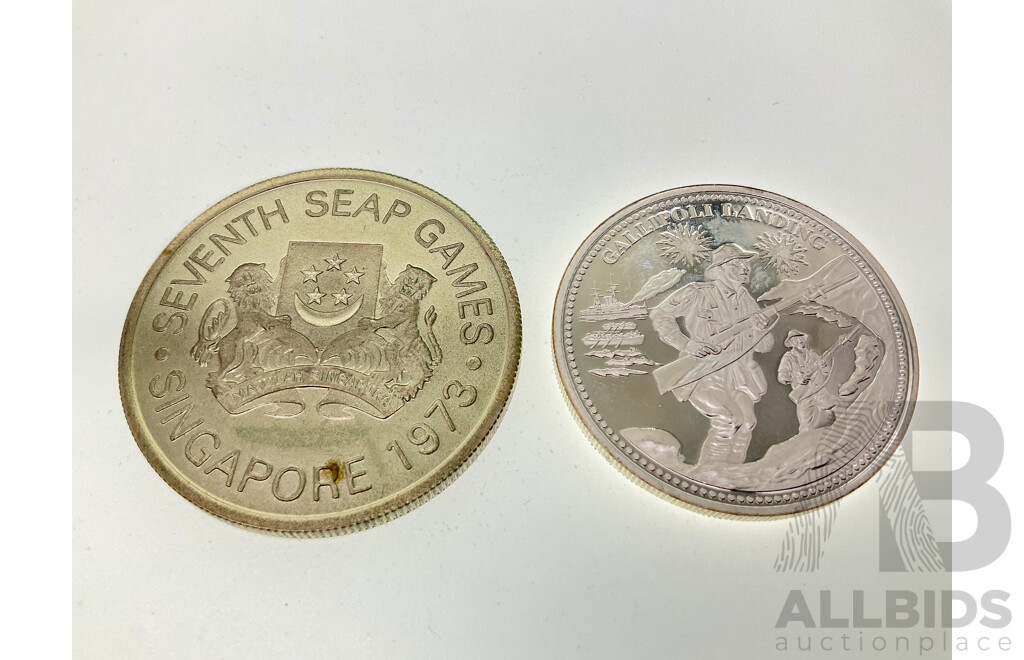 Singapore 1973 Silver Five Dollar Coin SEAP Games .500 and Australian Macquarie Mint Silver Gallipoli Landing Coin .333