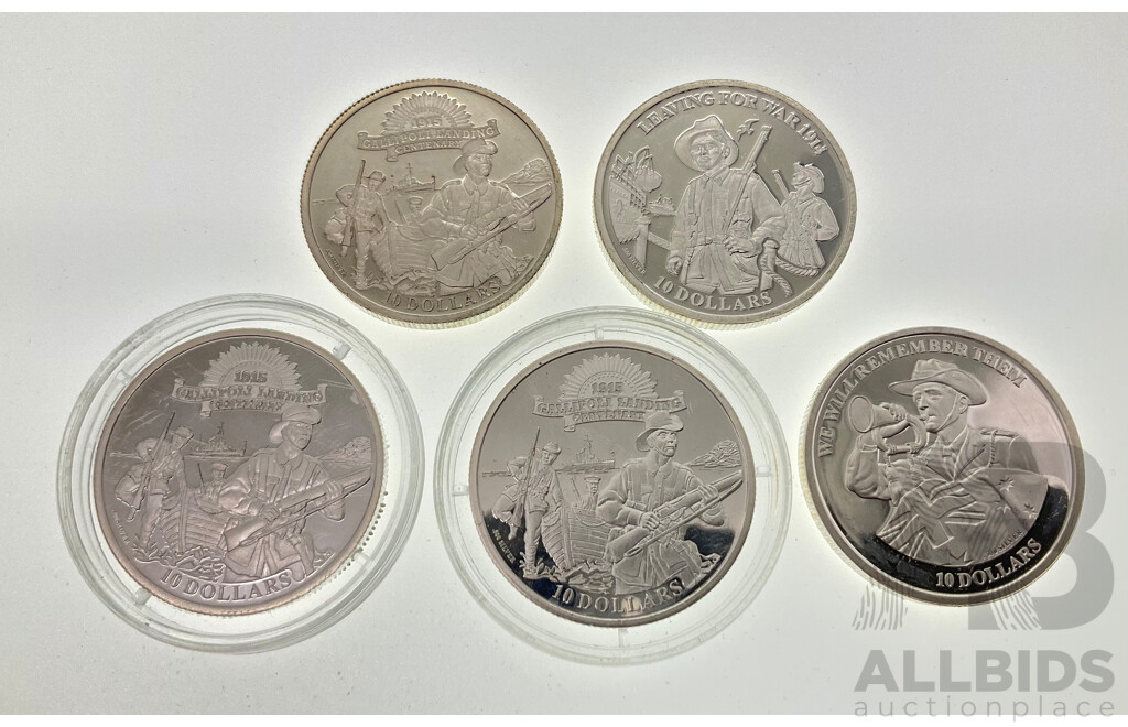 Five Kiribati Silver Ten Dollar Coins, 2012, 2014, 2015, Commemorative WWI  .500