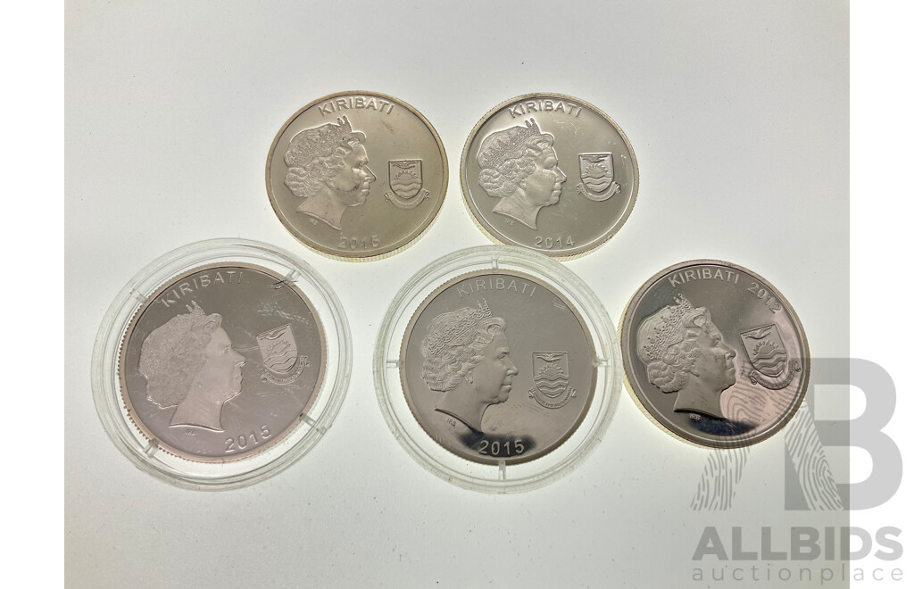 Five Kiribati Silver Ten Dollar Coins, 2012, 2014, 2015, Commemorative WWI  .500