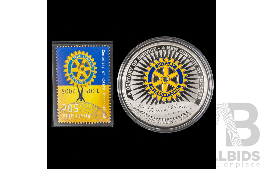 Australian Perth Mint 2005 Silver Proof One Dollar Coin and Stamp Set, Rotary International 100 Years of Service .999