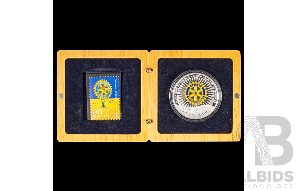 Australian Perth Mint 2005 Silver Proof One Dollar Coin and Stamp Set, Rotary International 100 Years of Service .999
