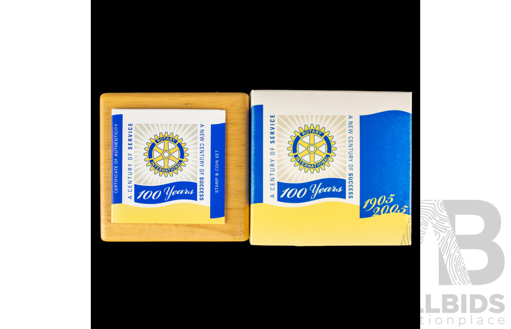 Australian Perth Mint 2005 Silver Proof One Dollar Coin and Stamp Set, Rotary International 100 Years of Service .999