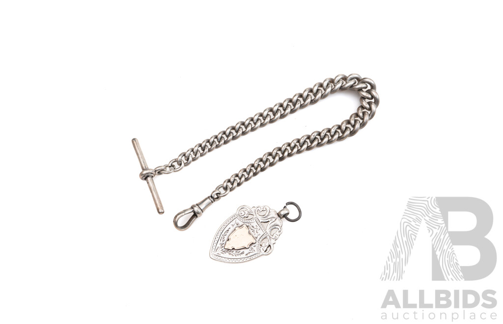 Antique 1905 Sterling Silver Shield Medallion Pendant & 1921 Sterling Silver Fob Chain with Albert Clasp, 21cm, Both Hallmarked Birmingham, 38.50 Grams