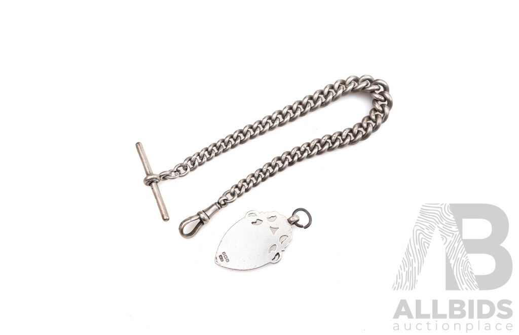 Antique 1905 Sterling Silver Shield Medallion Pendant & 1921 Sterling Silver Fob Chain with Albert Clasp, 21cm, Both Hallmarked Birmingham, 38.50 Grams