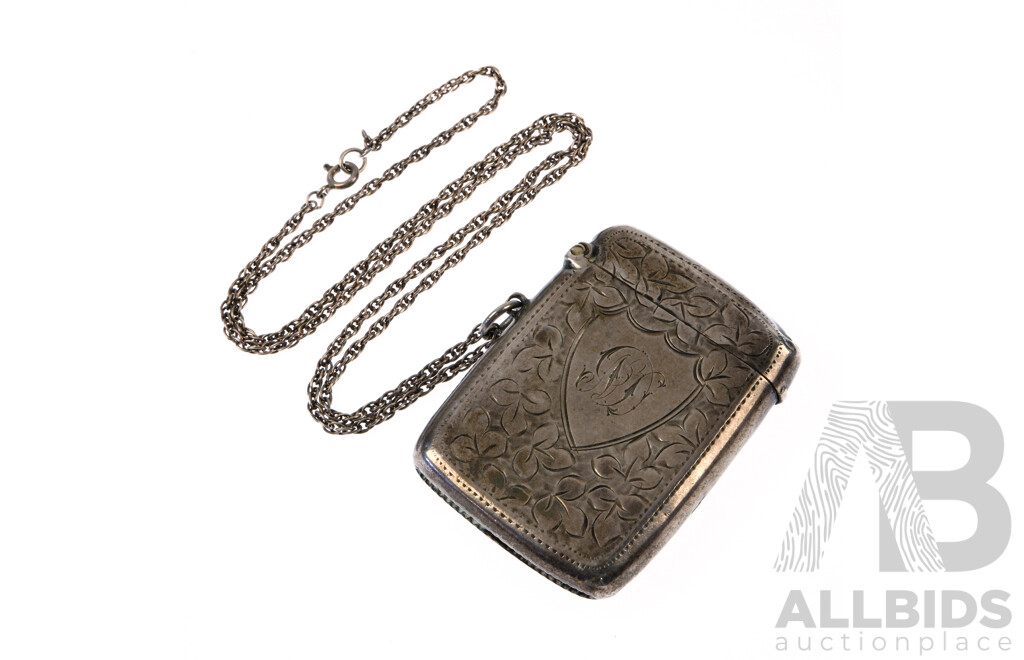 Antique Sterling Silver Hand Etched Vesta Box on Vintage Rope Link Chain, 50cm, 35.89 Grams