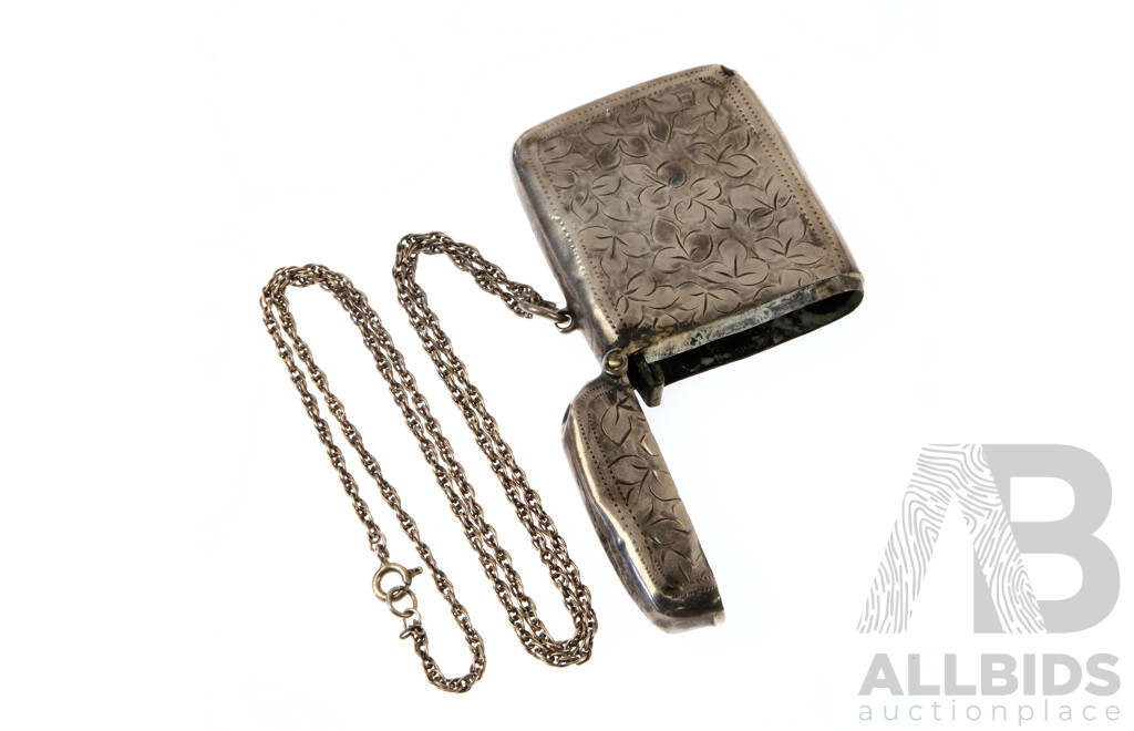 Antique Sterling Silver Hand Etched Vesta Box on Vintage Rope Link Chain, 50cm, 35.89 Grams