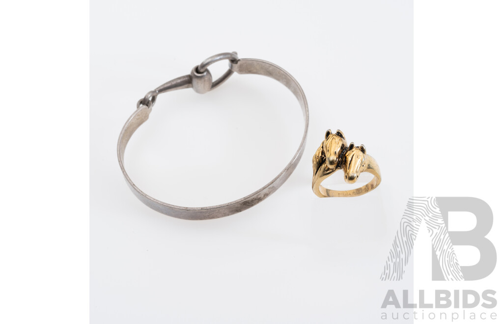 Vintage Sterling Silver Equestrian Bangle with Bit Clasp, Unisex, 72mm Diameter, & Gold Tone Sterling Double Horse Ring, R1/2, 44.53 Grams