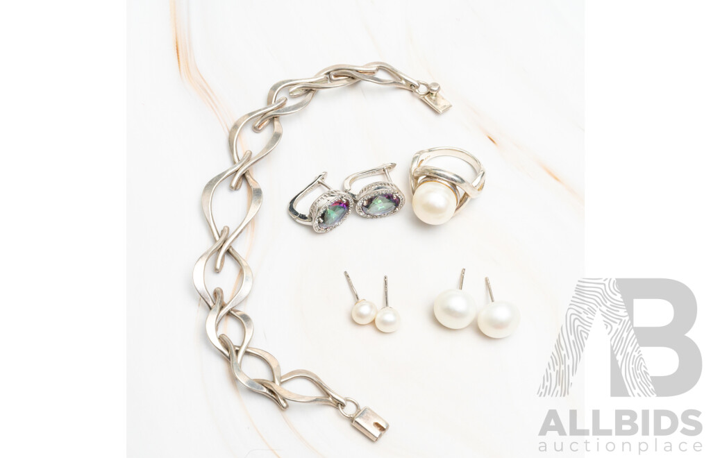 Sterling Silver Button Pearl Ring & Earrings, Mystic Topaz Earrings and Sterling Silver Bracelet, 42.76 Grams