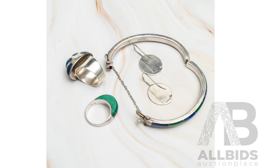 Sterling Silver Vintage Lapis Lazuli & Malachite Inlaid Hinged Bangle and Rings, Enamel Earrings, 45.77 Grams