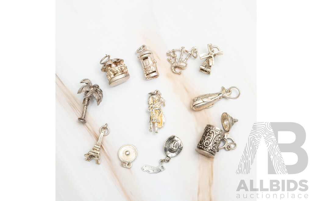Vintage Sterling Silver Collection of (11) Travel Theme Charms, 25.44 Grams