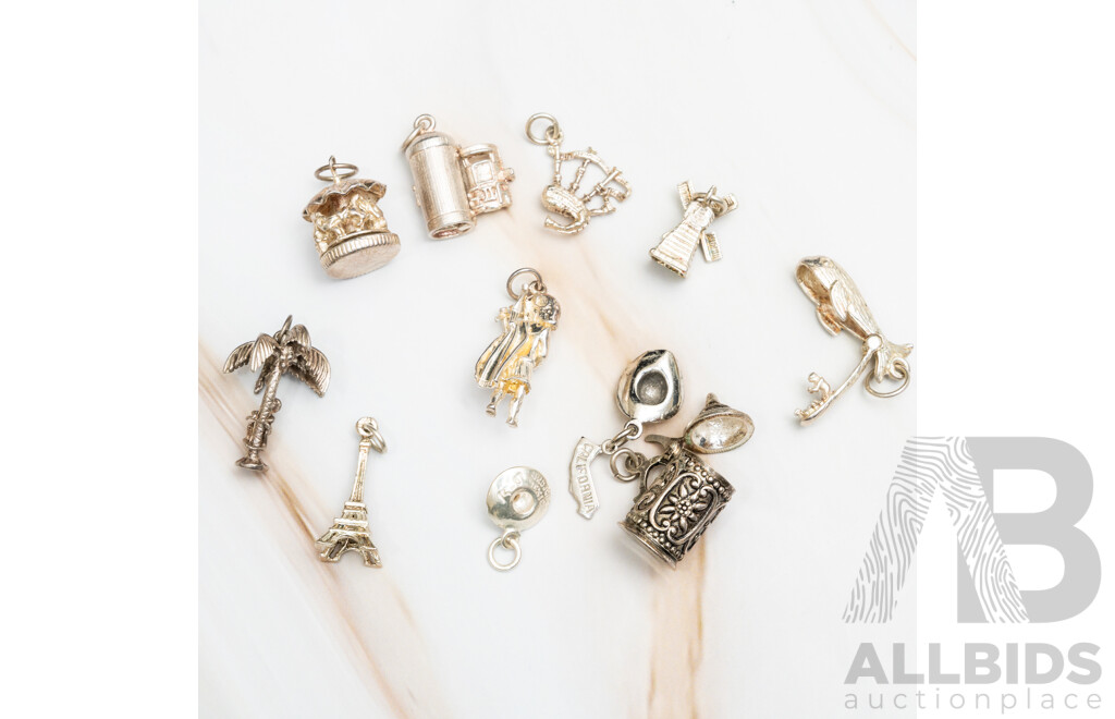 Vintage Sterling Silver Collection of (11) Travel Theme Charms, 25.44 Grams