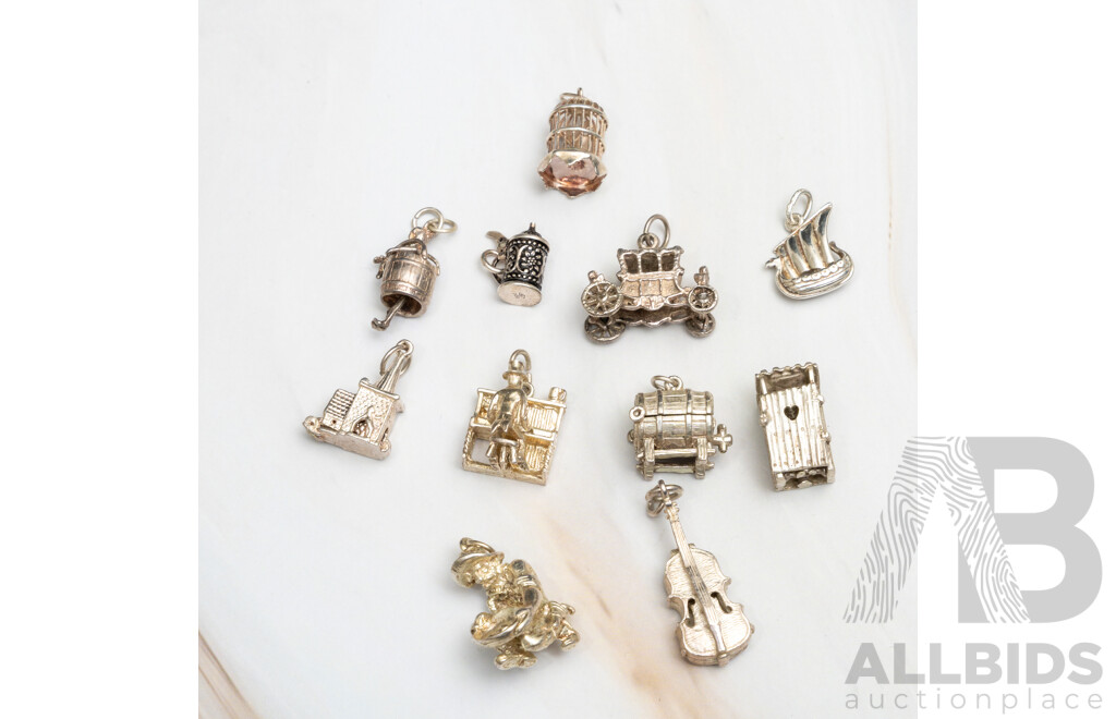 Vintage Sterling Silver Collection of (11) Old Timer Themed Charms, 33.12 Grams