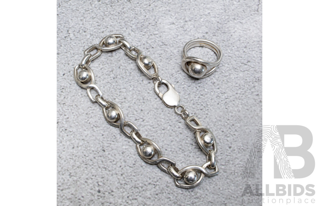 Vintage Modernist Sterling Silver Ball Link Bracelet, 21.5cm & Matching Vintage Modernist Ring, Size L, 32.76 Grams