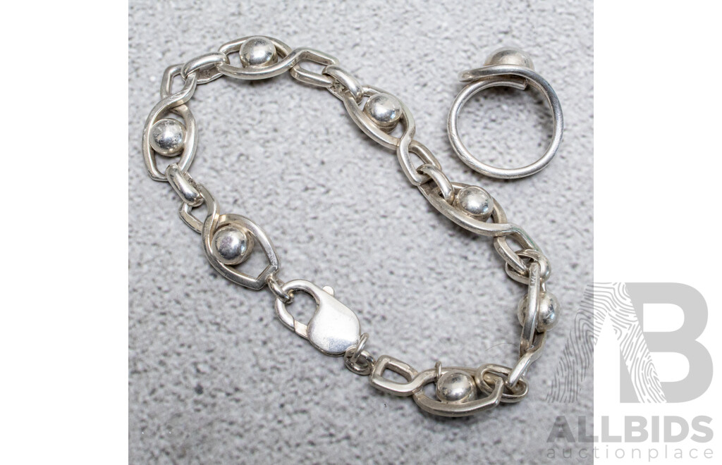 Vintage Modernist Sterling Silver Ball Link Bracelet, 21.5cm & Matching Vintage Modernist Ring, Size L, 32.76 Grams