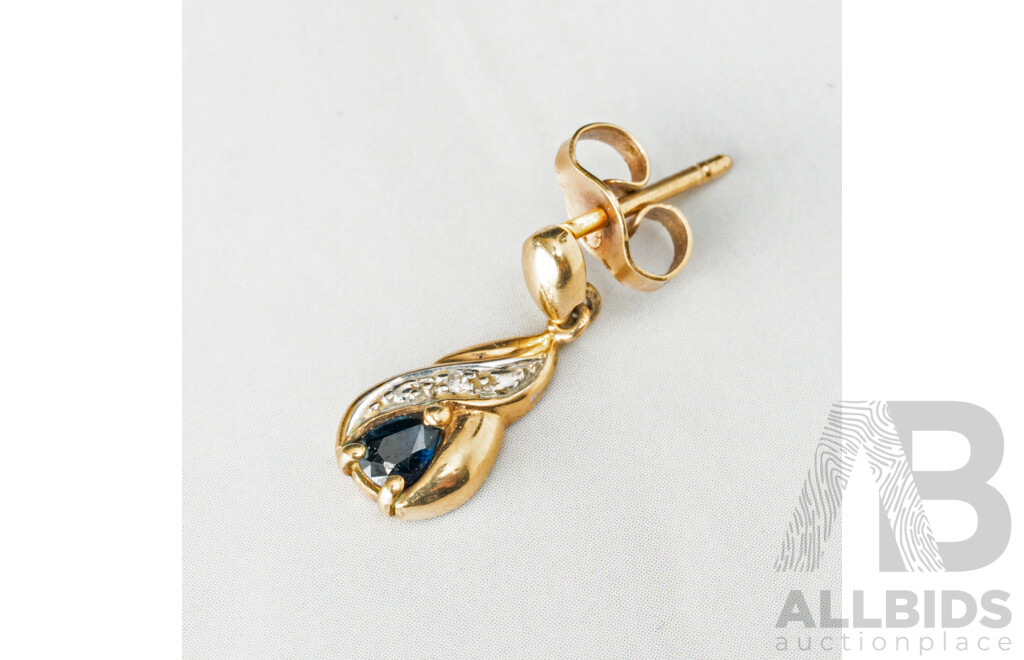 Single 9ct Sapphire & Diamond Drop Stud Earring, TDW 0.005ct, 16mm Long, 0.72 Grams