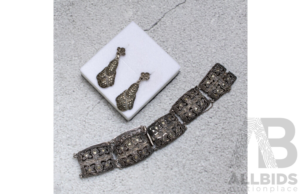 Antique Victorian Art Deco Sterling Silver Austrogerman Marcasite Wedding Bracelet & Earrings, C.1920's, 21.60 Grams