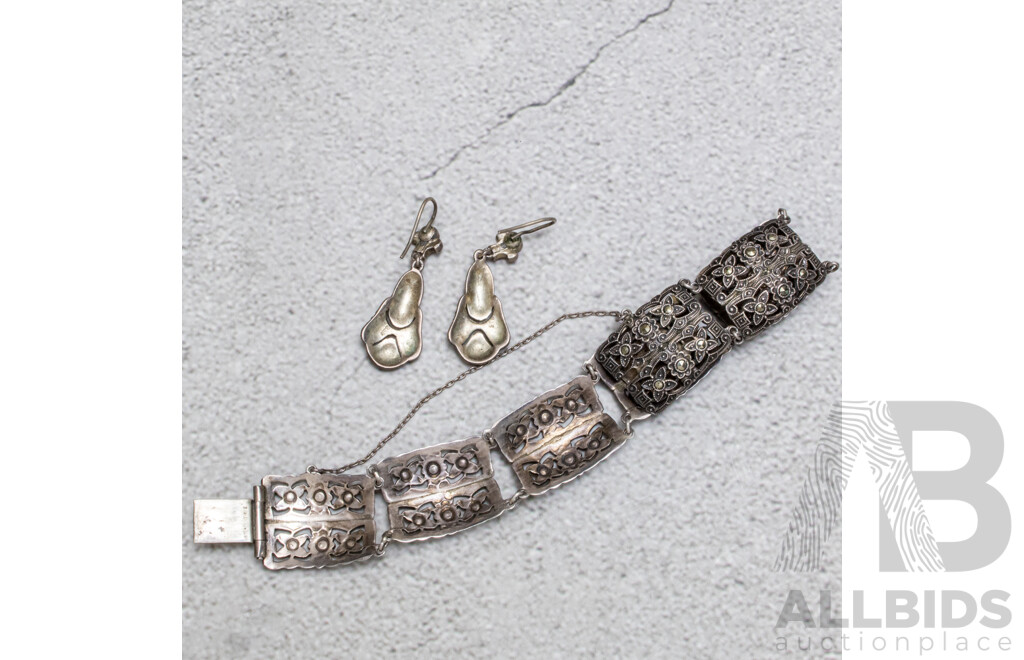 Antique Victorian Art Deco Sterling Silver Austrogerman Marcasite Wedding Bracelet & Earrings, C.1920's, 21.60 Grams