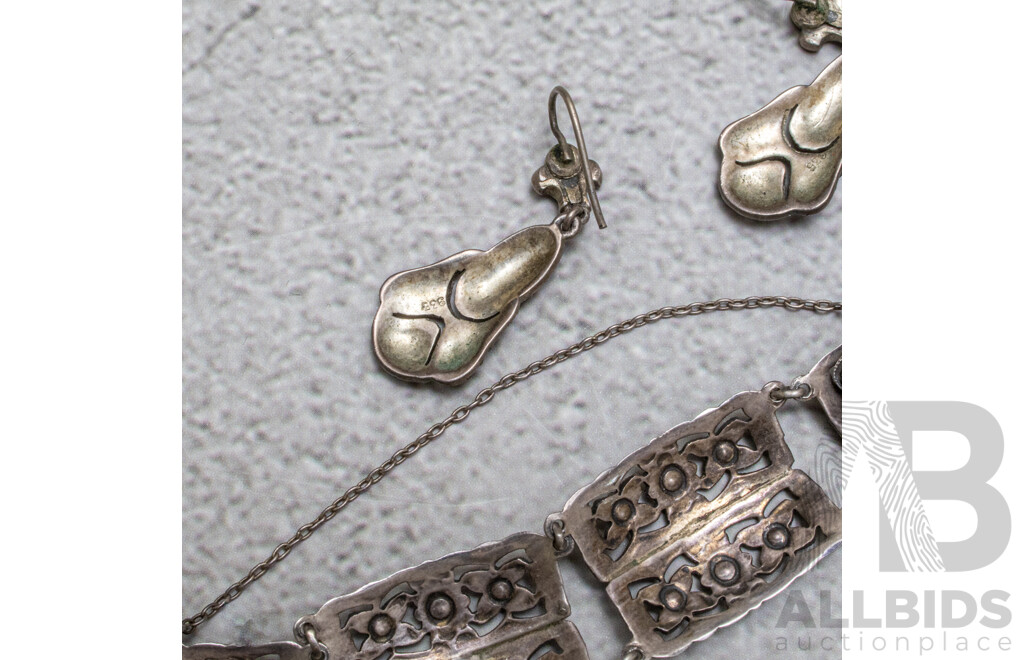 Antique Victorian Art Deco Sterling Silver Austrogerman Marcasite Wedding Bracelet & Earrings, C.1920's, 21.60 Grams