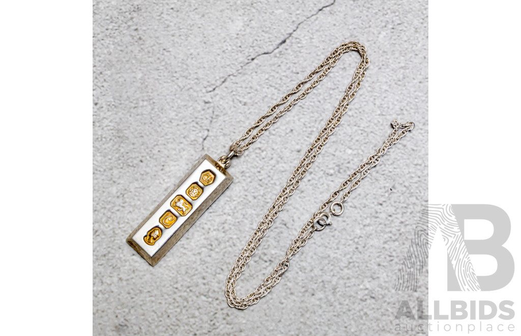 Sterling Silver Ingot Pendant on Vintage Fancy Link Chain, 55cm, 35.46 Grams