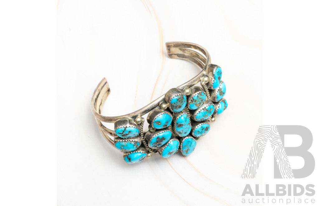 Zuni Navajo Vintage Sterling Silver Turquoise Open Cuff Bangle, 63mm, 67.0 Grams