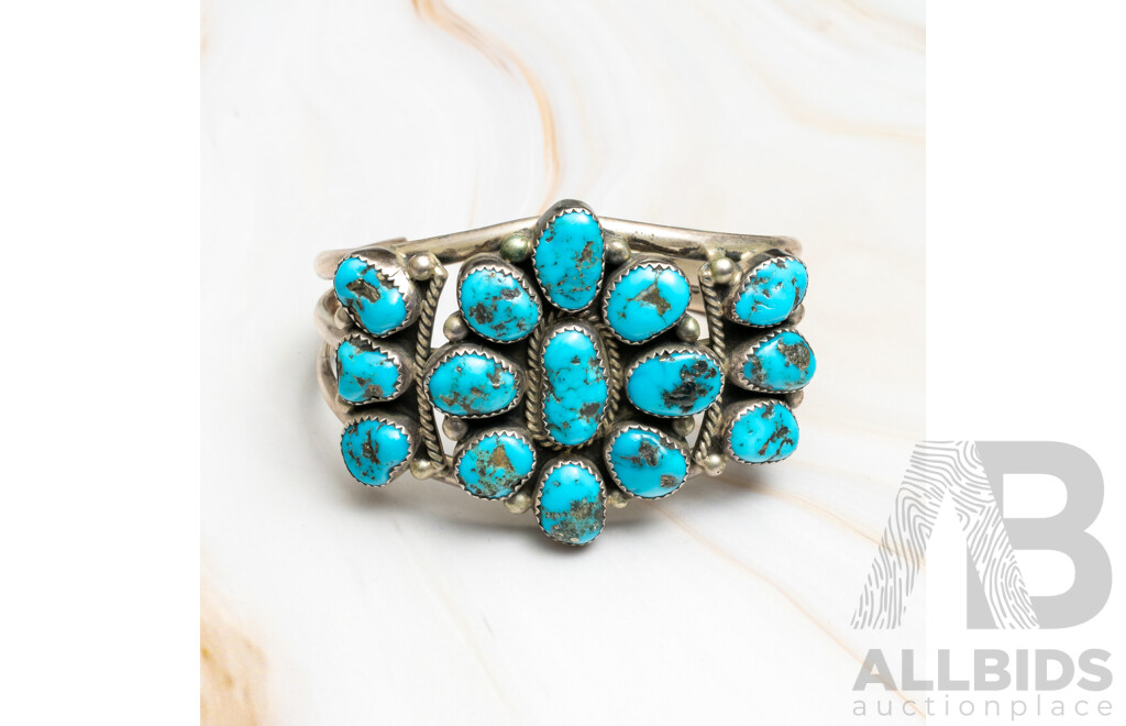 Zuni Navajo Vintage Sterling Silver Turquoise Open Cuff Bangle, 63mm, 67.0 Grams