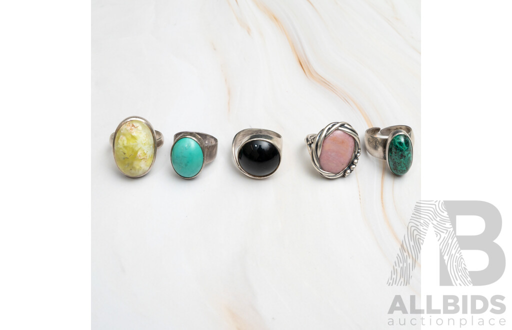Collection of (5) Vintage Sterling Silver Gemstone Rings, Sizes L & O/P, 42.0 Grams