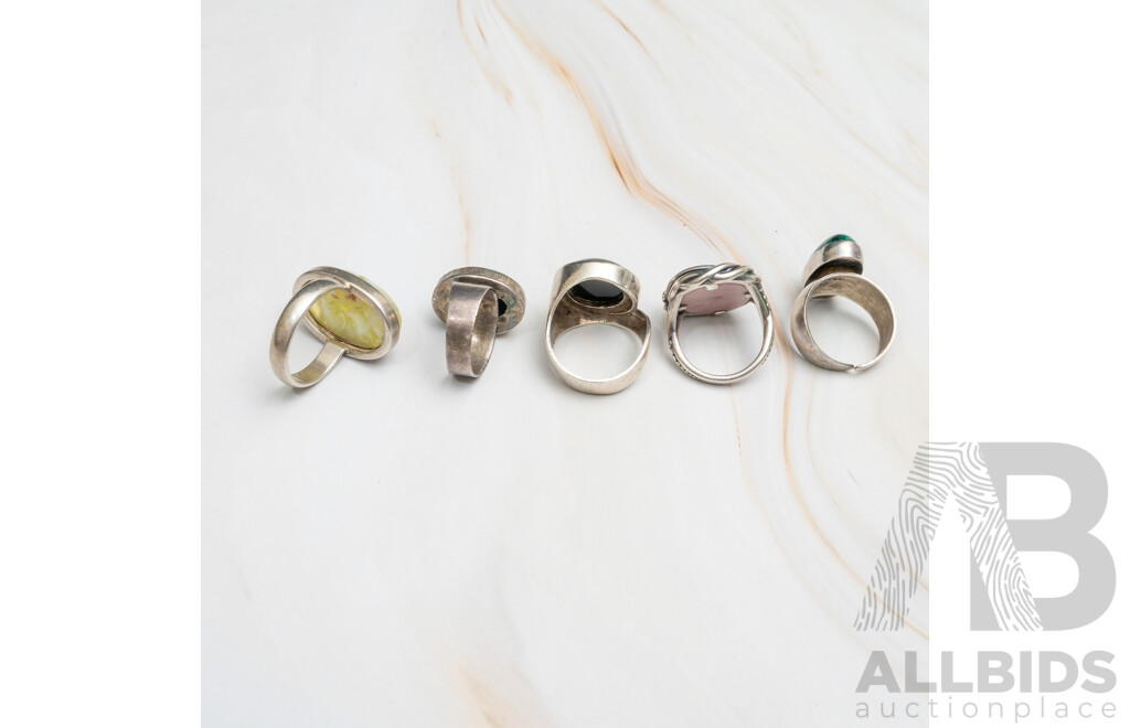 Collection of (5) Vintage Sterling Silver Gemstone Rings, Sizes L & O/P, 42.0 Grams