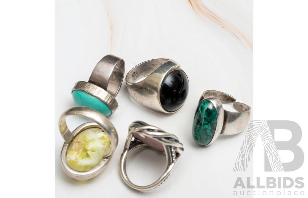 Collection of (5) Vintage Sterling Silver Gemstone Rings, Sizes L & O/P, 42.0 Grams