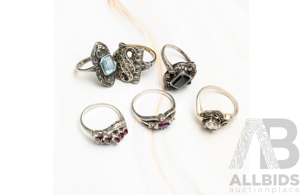 Stunning Vintage Sterling Silver (6) Ring Collection, Including 9ct/SS Marcasite Ring, Ruby & Topaz, Sizes I - P,  20.43 Grams