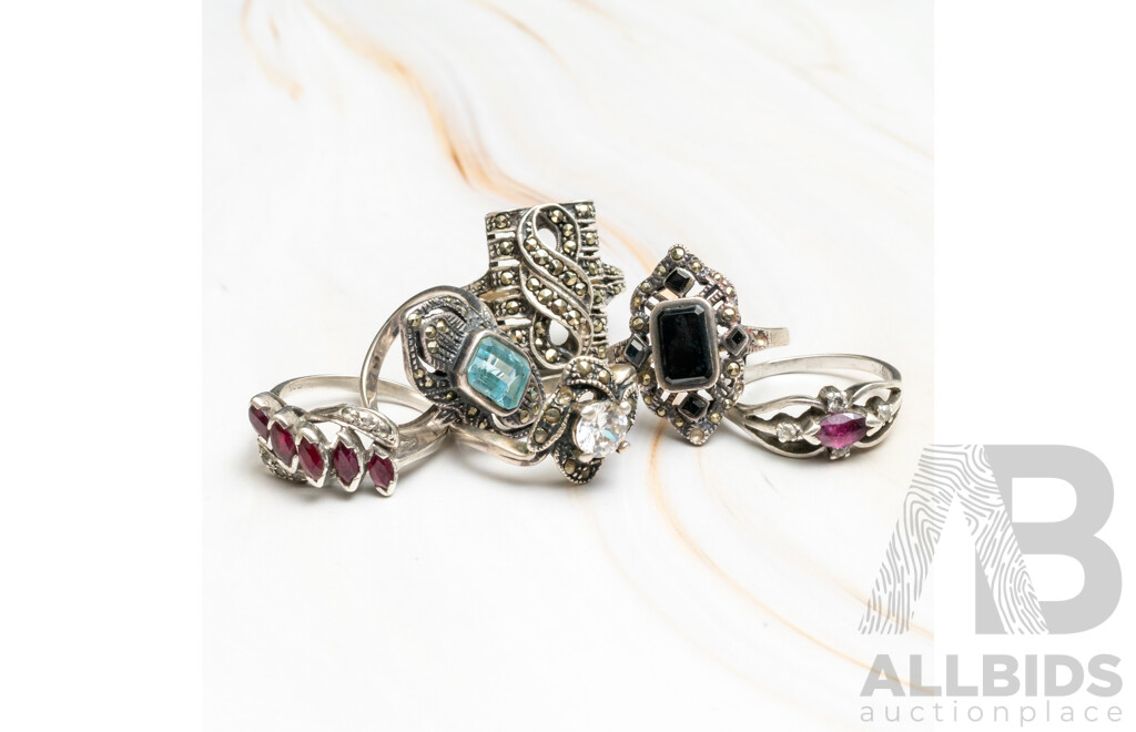 Stunning Vintage Sterling Silver (6) Ring Collection, Including 9ct/SS Marcasite Ring, Ruby & Topaz, Sizes I - P,  20.43 Grams