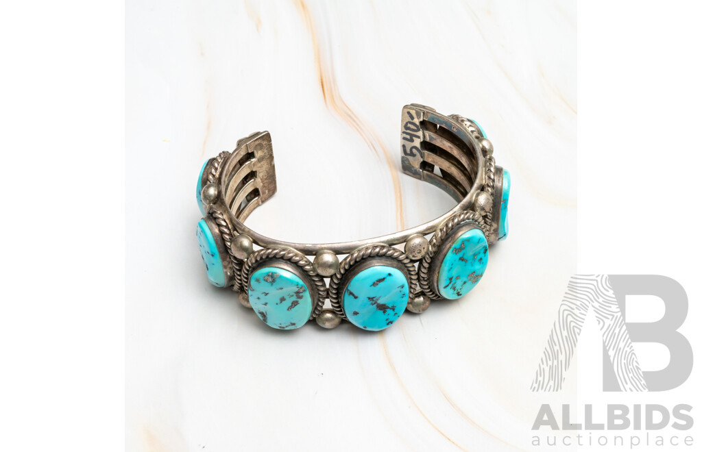 Zuni Navajo Vintage Sterling Silver Natural Turquoise Open Cuff Bangle, 70mm, 145.0 Grams